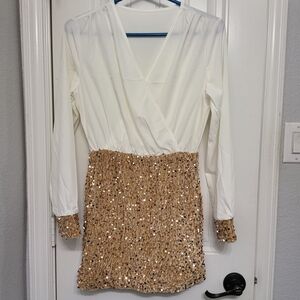SHEIN White and Gold Sequin Long Sleeve Dress